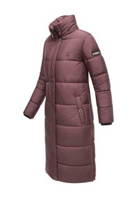 Vijolična, dolžina do kolen, zimska bunda z visokim ovratnikom, stranskimi žepi, zadrgo in elegantnim, podloženim dizajnom. Ima črne akcentne detajle na rokavih.