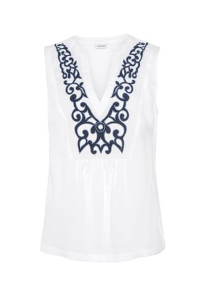Weißes ärmelloses Top mit tiefem V-Ausschnitt, verziert mit filigraner marineblauer Stickerei am Ausschnitt und einer gerafften Detail an der Taille.