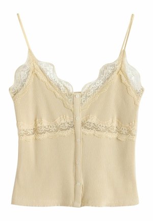 Béžové žebrované tielko s gombíkmi vpredu, tenkými ramienkami a kvetinovou čipkou pozdĺž výstrihu a v strede.