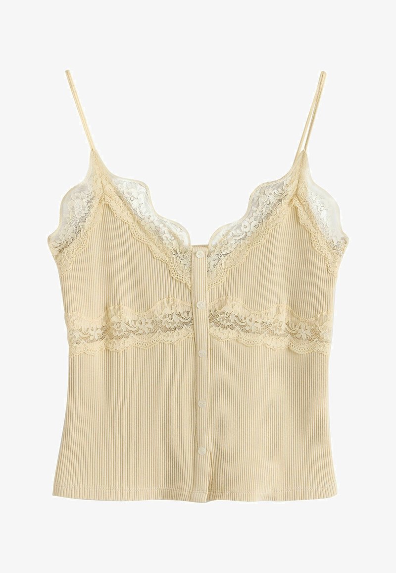 Camisole beige côtelée avec boutons sur le devant, fines bretelles et bordure en dentelle florale le long de l'encolure et de la taille.
