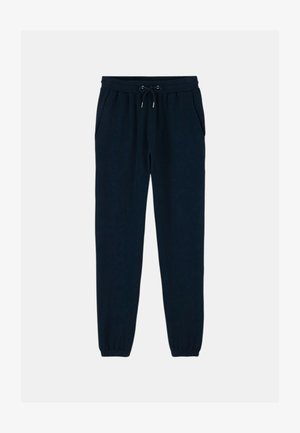Pantalons de survêtement bleu marine en tissu doux, avec un cordon de serrage à la taille, des poches latérales et des poignets élastiques aux chevilles.