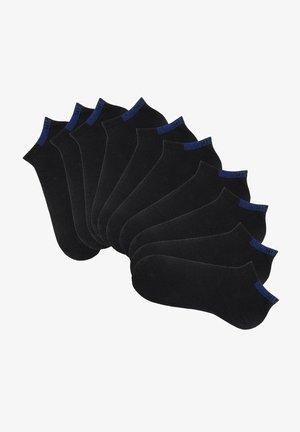 Juodos kulkšnės kojinės su mėlynais akcentais, pasižyminčios glotnia tekstūra ir žemų kraštų dizainu. Pakuotėje yra kelios poros, išdėstytos eile.