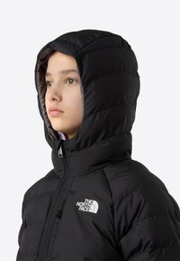 Doudoune noire avec texture matelassée, col haut et capuche. Dotée d'une fermeture éclair sur le devant et du logo The North Face sur la poitrine.