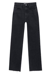 Jeans neri a vita alta realizzati in denim, con taglio dritto, cinque tasche e orlo sfilacciato sul fondo.