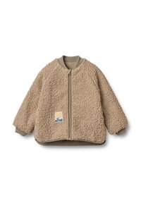 Beige flauschige Jacke mit Reißverschluss, gerippten Bündchen und einem Wellen-Logo-Patch. Weiche Textur und lässige Passform mit Rundhalsausschnitt.