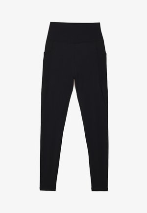 Sorte leggings lavet af strækbart stof med en høj, ribbet talje. Features sidelommer og sømløst design for komfort.