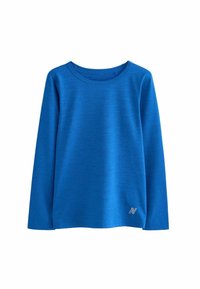 Blauwe langarmtop van een gestructureerde stof, met een ronde halslijn en een klein logo in de rechterbenedenhoek.