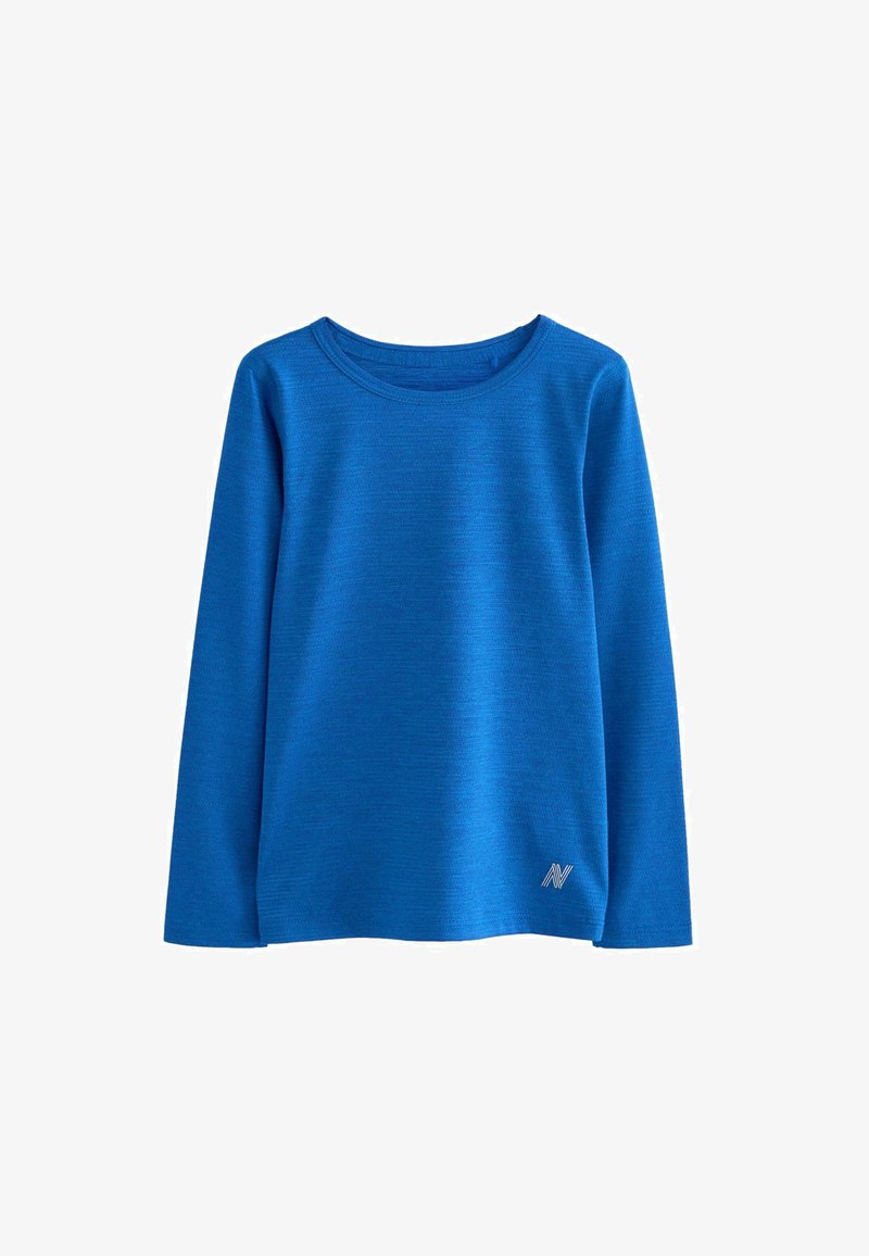 Blue long-sleeve top made from a textured fabric, featuring a round neckline and a small logo in the lower right corner.