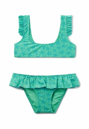 Turkis to-delt badedragt med søstjerneprint, flæseærmer på toppen og flæsekant omkring taljen på underdelen.