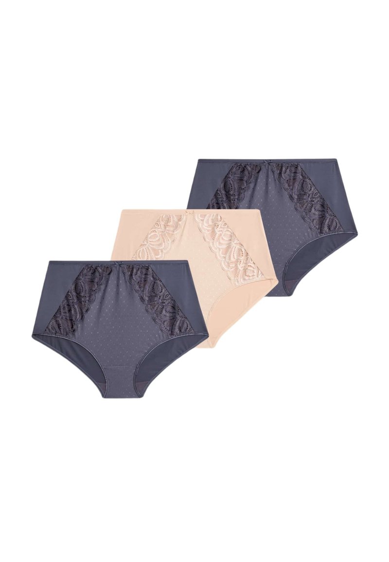 Hoge taille ondergoedset in donkerblauw en nude, met stippenpatronen en bloemige kantaccenten aan de zijkanten.