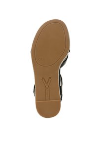 Zwarte sandaal met een tan rubberen zool, gestructureerd oppervlak en een kenmerkend "V"-logo aan de onderkant. Voorzien van verstelbare banden voor een goede pasvorm.