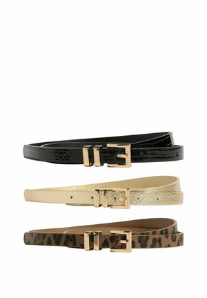 Three belts: a black crocodile texture with gold hardware, a metallic gold with subtle texture, and a brown leopard print with gold accents.