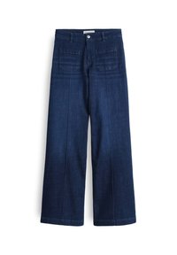 Jeans a gamba larga in denim scuro con vita alta, dotati di due tasche posteriori e chiusura davanti a zip, texture liscia e silhouette dritta.
