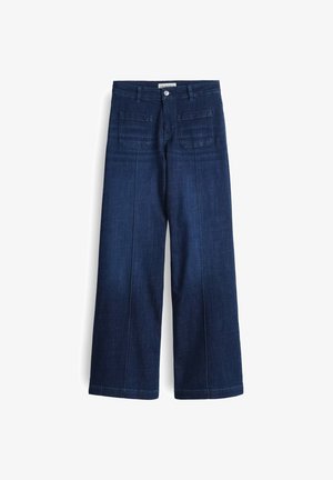 Dunkelblaue weite Jeans mit hoher Taille, ausgestattet mit zwei Gesäßtaschen und einem vorderen Reißverschluss, glatter Textur und geradem Schnitt.