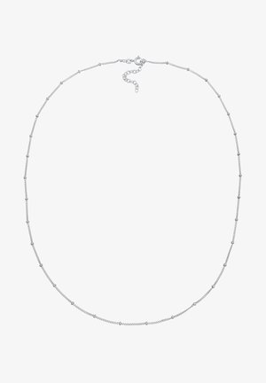 Ezüst láncnyaklánc, mely apró, kerek gyöngyökkel van díszítve, finom lánckialakítással, ràhúzható kapoccsal és állítható hosszúsággal.