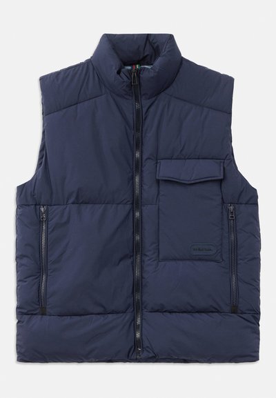 Navy blue padded vest with high collar, front zip closure, two zippered side pockets, and one flap pocket on the chest. Smooth texture.