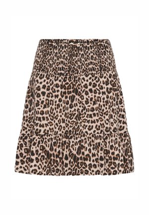 Suknja visokog struka s gumom na struku i slojevitim volanom na rubu, s uzorkom bež i crnog leoparda.