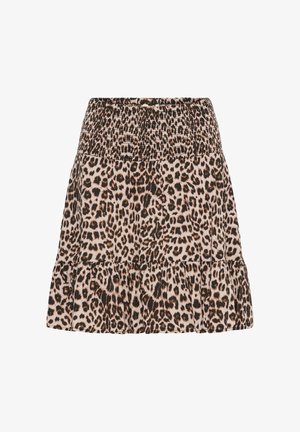 Suknja visokog struka s gumom na struku i slojevitim volanom na rubu, s uzorkom bež i crnog leoparda.