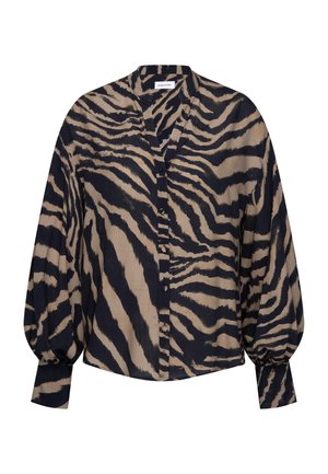 Langärmlige Bluse zum Knöpfen mit schwarzen und beigen Zebrastripes, mit Puffärmeln und V-Ausschnitt.