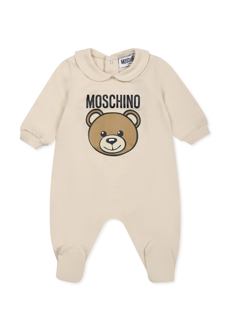 Body per neonati beige in soffice cotone, con grafica di un orso e il testo "Moschino". Include un colletto arrotondato e chiusure a pressione sul collo.