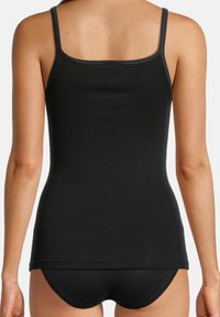 Black tank top made of smooth fabric, featuring thin straps and a fitted design. Cut ends are neatly stitched without visible hardware or accents.