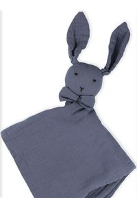 Gray muslin blanket with a rabbit head and long ears, featuring stitched facial details and a bow tie at the neck area.