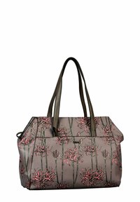 Sac fourre-tout floral avec une surface texturée de couleur violet clair, arborant des motifs de fleurs roses et vertes. Deux poignées robustes de couleur brun foncé.