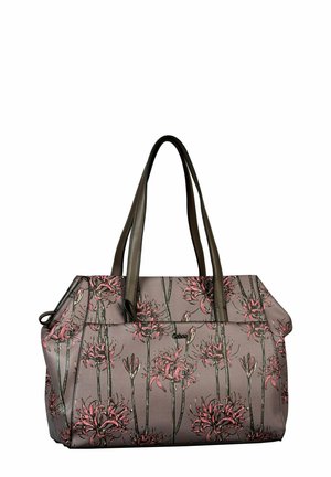 Sac fourre-tout floral avec une surface texturée de couleur violet clair, arborant des motifs de fleurs roses et vertes. Deux poignées robustes de couleur brun foncé.