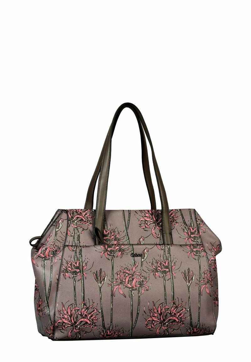 Sac fourre-tout floral avec une surface texturée de couleur violet clair, arborant des motifs de fleurs roses et vertes. Deux poignées robustes de couleur brun foncé.