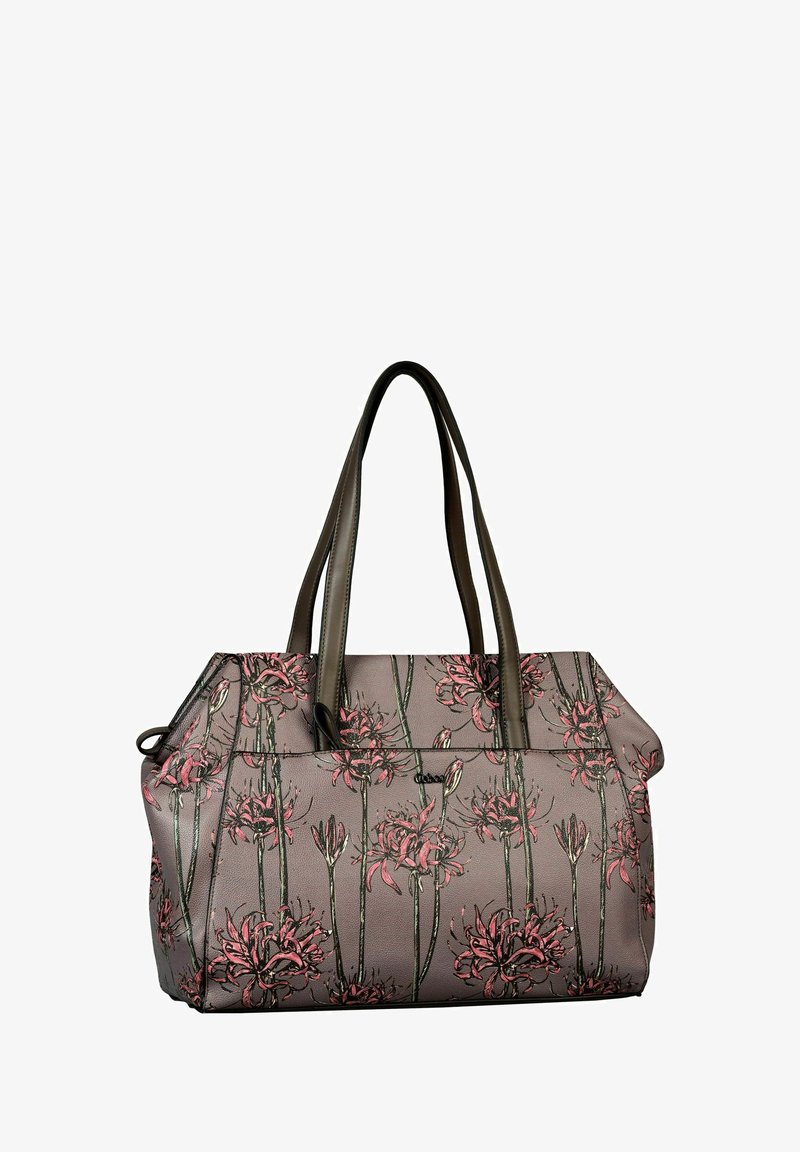 Sac fourre-tout floral avec une surface texturée de couleur violet clair, arborant des motifs de fleurs roses et vertes. Deux poignées robustes de couleur brun foncé.
