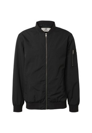 Blouson bomber noir avec fermeture éclair frontale, col, poignets et ceinture côtelés, et poche zippée sur la manche gauche.