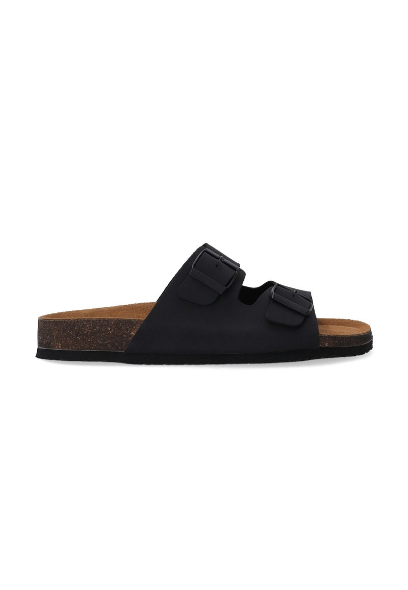 Sort slide sandal med to justerbare spænder. Har en korksål og en struktureret gummisål. Glat mat overflade.