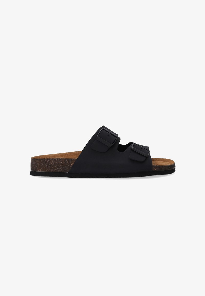 Sort slide sandal med to justerbare spænder. Har en korksål og en struktureret gummisål. Glat mat overflade.