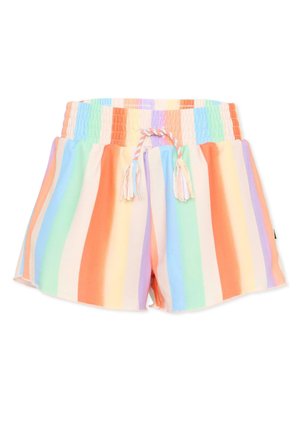 Pantaloncini elasticizzati per bambini con righe verticali arcobaleno pastello e coulisse intrecciata con nappine sul davanti.