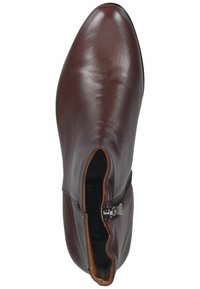 Bota de cuero marrón hasta el tobillo con punta afilada, cremallera lateral y diseño minimalista. Textura suave, silueta elegante y sin patrones visibles.