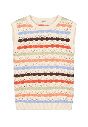 Top de punto sin mangas con un patrón a rayas en beige claro, naranja, verde, azul, marrón y blanco, con una textura intrincada similar a encaje.
