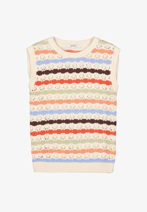 Top de punto sin mangas con un patrón a rayas en beige claro, naranja, verde, azul, marrón y blanco, con una textura intrincada similar a encaje.