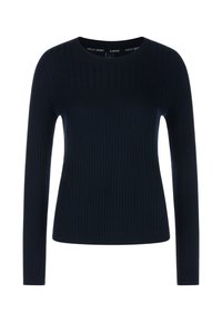 Marineblaues, geripptes Langarmoberteil mit Rundhalsausschnitt. Glatte Textur, figurbetontes Design und dezentes vertikales Muster im gesamten Stoff.