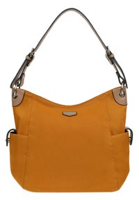 Oranje nylon schoudertas met een gebogen bovenkant, twee zijzakken en een afneembare schouderband met zilveren hardware en contrasterende beige accenten.