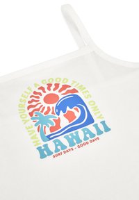 Débardeur blanc présentant un design graphique coloré avec une vague, un soleil et un palmier, accompagnés du texte "Hawaï" et "Jours de surf - Bons jours."