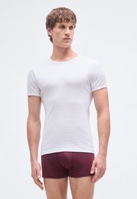 Wit, katoenen T-shirt met korte mouwen en een ronde hals; gecombineerd met bordeauxrode, nauwsluitende korte broek. Eenvoudig, klassiek ontwerp.