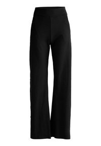 Pantaloni neri a gamba larga con vita alta, senza tasche visibili o decorazioni, esposti su uno sfondo bianco.