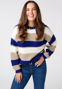 Gestreepte trui met blauwe, beige en witte horizontale strepen. Brei textuur met een ronde hals en geribbelde manchetten. Geloofd met blauwe spijkerbroek.