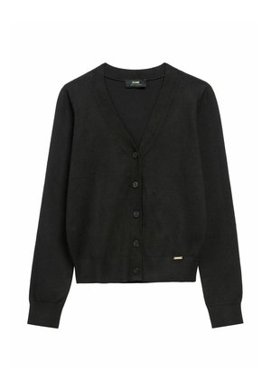 Czarny kardigan z dekoltem w serek, długimi rękawami i pięcioma guzikami. Miękka dzianina z małym złocistym akcentem na dole.