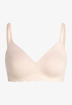 Hellbeige BH mit glatten Stoff-Cups und einer Spitzenkante am Saum. Verfügt über verstellbare Träger und eine dreieckige Form.