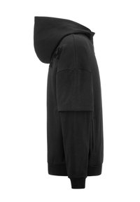 Felpa nera con cappuccio caratterizzata da una vestibilità ampia, maniche corte, tasche laterali e polsini a costine, realizzata in morbido materiale misto cotone.