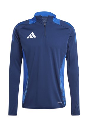 Blaues langärmliges Sportoberteil mit einem Viertel-Reißverschluss, das strukturierte Schulterpaneele und ein Farbverlaufmuster an den Seiten aufweist. Hergestellt aus atmungsaktivem Material.
