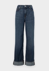 Tamnoplav jeans s visokim pojasom i širokim nogavicama, s kontrastnim šavovima, preklopom na rubu i klasičnim dizajnom s pet džepova.