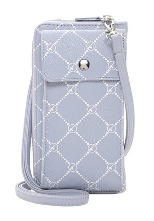 Light gray crossbody bag made of textured synthetic material featuring a white diamond pattern with circular accents and a snap closure.