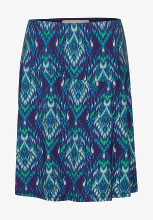 Una falda hasta la rodilla con un fondo azul marino y un patrón geométrico en verde y rosa. Fabricada con un tejido ligero y de textura suave.